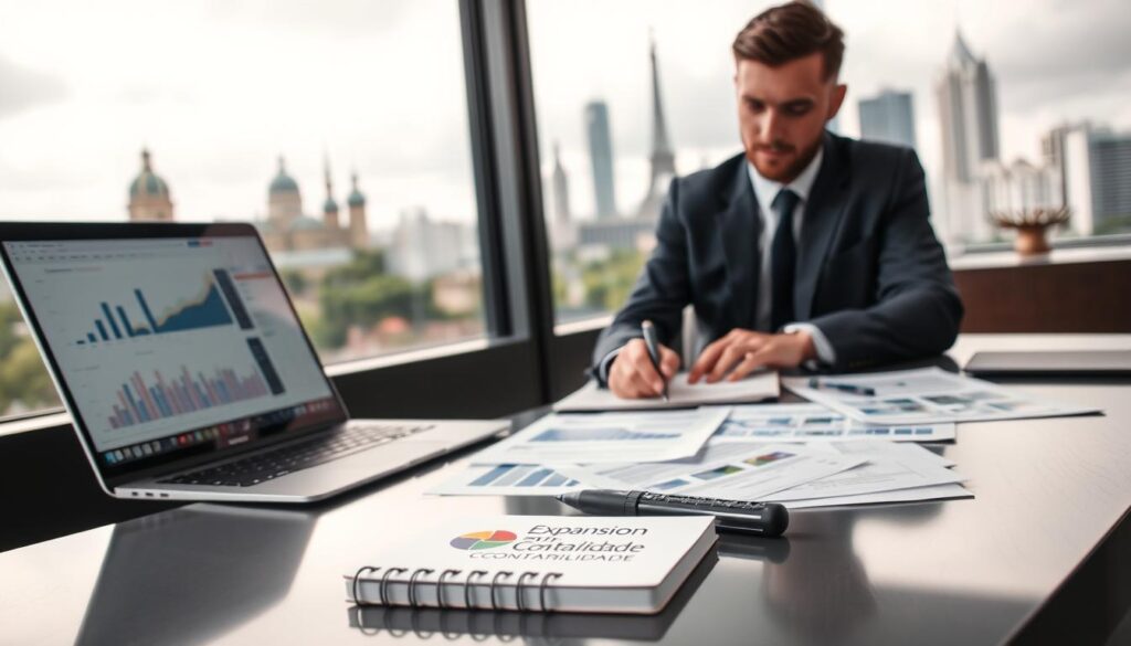 A professional accountant working diligently at a sleek desk in São Bernardo do Campo, surrounded by financial documents and a laptop displaying charts and graphs. The foreground features the accountant, wearing smart business attire, focused on analyzing data. In the middle, a stylish office with modern decor reflects a productive work environment. The background depicts views of iconic São Bernardo do Campo landmarks through large windows, with natural lighting illuminating the scene. The overall mood is serious and efficient, emphasizing the importance of accounting in business decisions. A subtle logo of "Expansion Contabilidade" can be seen on a note pad on the desk, adding a touch of professionalism without being overwhelming.