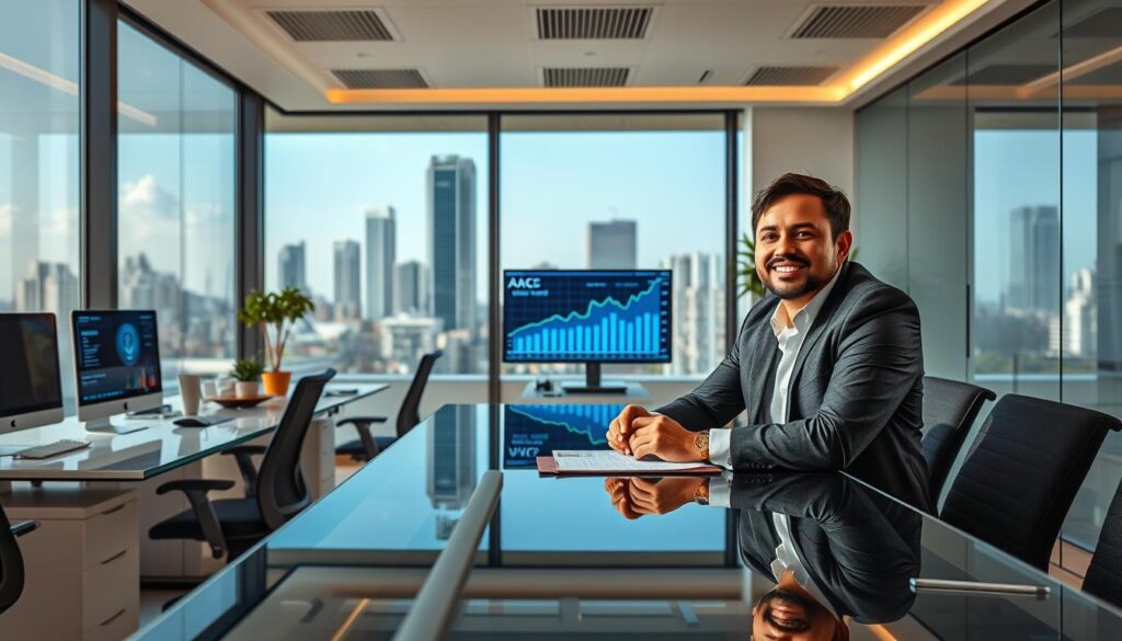 A professional accountant's office in São Bernardo do Campo, Brazil, showcasing the modern workspace of "Expansion Contabilidade." In the foreground, a friendly accountant in professional business attire is engaged in conversation with a client, seated at a sleek glass table. The middle ground features organized desks with computers, financial documents, and a digital display showing financial graphs. The background reveals a large window with views of São Bernardo’s urban skyline under a bright, natural daylight, creating a welcoming atmosphere. Soft shadows and warm lighting convey professionalism and trust. The overall mood is one of collaboration and financial growth, reflecting the advantages of accounting services in the ABC region.