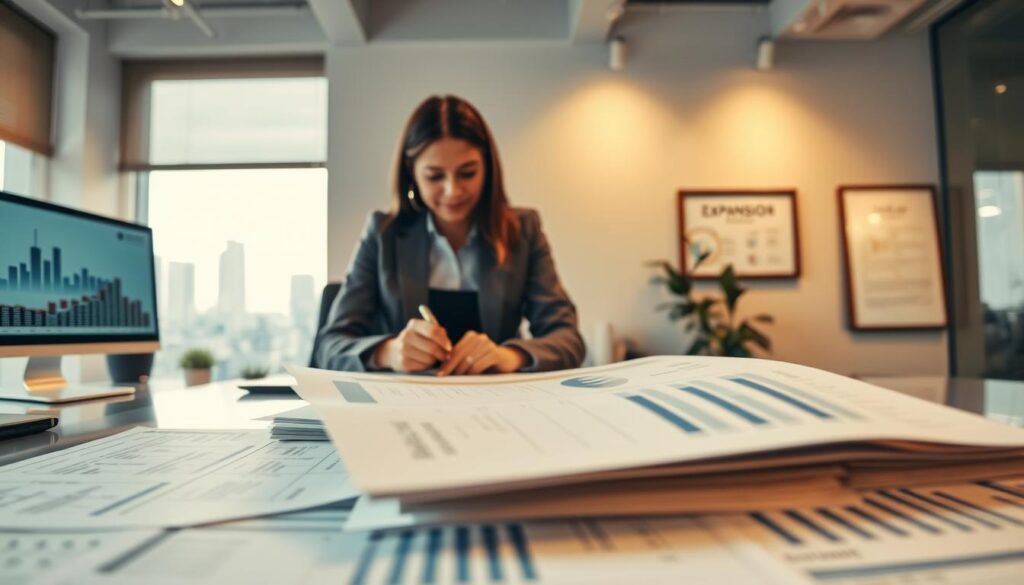 A professional and engaging office environment depicting a detailed balance sheet layout, with clean and organized financial documents in the foreground. In the middle, a well-dressed businesswoman, wearing professional attire, is analyzing the balance sheet and taking notes. She is surrounded by modern office decor, including a sleek desk, a computer displaying financial graphs, and a large window showing a cityscape. In the background, soft ambient lighting creates a focused and productive atmosphere, with the brand name "Expansion Contabilidade" subtly featured on a framed certificate on the wall. The scene conveys a mood of diligence and professionalism, emphasizing best practices in preparing balance sheets for credit assessments. The angle captures a dynamic view of the workspace, highlighting the importance of meticulous financial planning. A professional and engaging office environment depicting a detailed balance sheet layout, with clean and organized financial documents in the foreground. In the middle, a well-dressed businesswoman, wearing professional attire, is analyzing the balance sheet and taking notes. She is surrounded by modern office decor, including a sleek desk, a computer displaying financial graphs, and a large window showing a cityscape. In the background, soft ambient lighting creates a focused and productive atmosphere, with the brand name "Expansion Contabilidade" subtly featured on a framed certificate on the wall. The scene conveys a mood of diligence and professionalism, emphasizing best practices in preparing balance sheets for credit assessments. The angle captures a dynamic view of the workspace, highlighting the importance of meticulous financial planning.