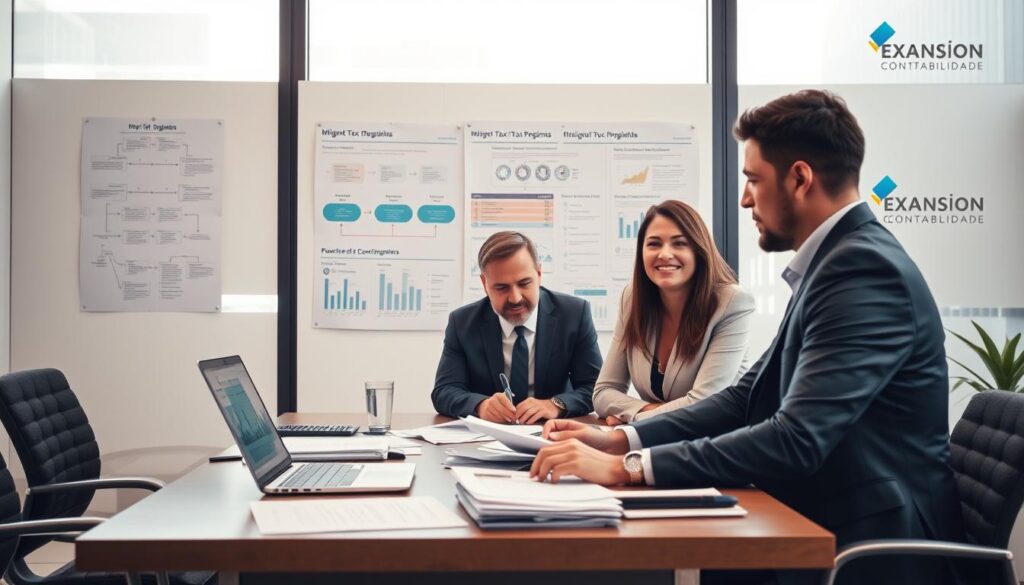 A professional and engaging scene depicting the step-by-step process of migrating tax regimes for a business. In the foreground, a diverse group of three professionals in business attire, deeply engaged in discussion around a large table filled with documents and a laptop displaying financial data. In the middle ground, infographics and flowcharts illustrating the migration process are pinned on a wall, showing clarity and organization. The background features a modern office with large windows, allowing soft natural light to flood the space, enhancing the atmosphere of productivity and efficiency. Subtle branding of "Expansion Contabilidade" is subtly integrated as part of the office décor. The overall mood is one of collaboration, focus, and strategic planning, reflecting a professional environment suitable for important financial decisions.