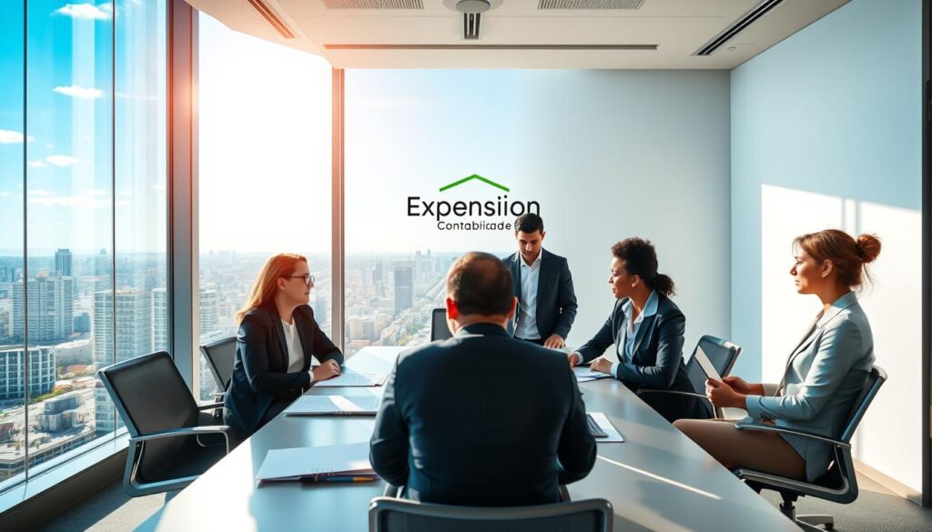 A professional and inviting office setting illustrating the concept of "consultoria sucessória" in corporate succession planning. In the foreground, a diverse group of four business professionals, dressed in smart business attire, are engaged in a discussion around a large conference table filled with documents and laptops. In the middle, a window showcases a vibrant cityscape of São Bernardo do Campo, hinting at a bustling business environment, with clear blue skies and sunlight pouring in, creating a warm and optimistic atmosphere. In the background, a logo of "Expansion Contabilidade" is subtly displayed on a wall, symbolizing expert financial guidance. The lighting is bright yet soft, emphasizing a collaborative spirit and professionalism, captured with a wide-angle lens to enhance the scene's depth and focus.
