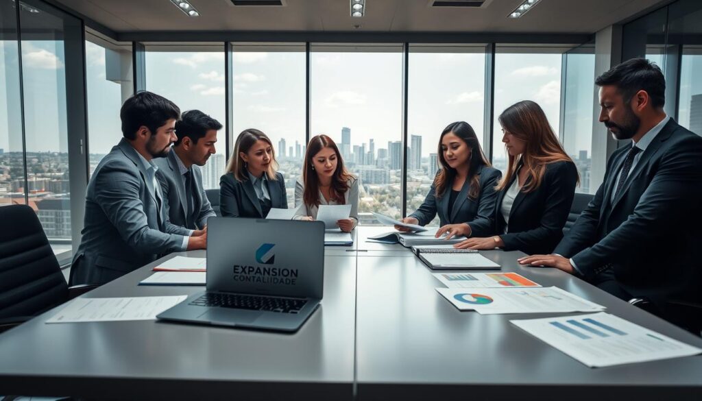 A professional business meeting scene set in a modern office overlooking the São Bernardo do Campo skyline. In the foreground, a diverse group of four professionals, including two men and two women, are engaged in discussion, examining financial documents and charts on a table. They are dressed in business attire, exuding an air of competence and collaboration. In the middle ground, a sleek conference table with notebooks and a laptop displaying the logo of "Expansion Contabilidade" is prominently featured. The background showcases large windows with natural light streaming in, illuminating the space and creating a warm, inviting atmosphere. The mood is focused and professional, emphasizing the importance of legal aspects in asset protection. Use a wide-angle lens to capture the entire scene dynamically.