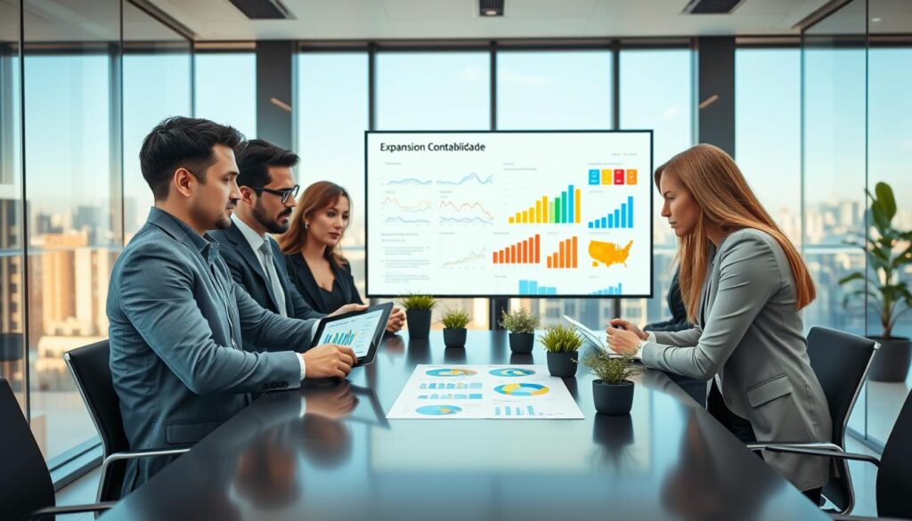 A professional business setting illustrating "investment diversification" for entrepreneurs in São Bernardo do Campo. In the foreground, a diverse group of business professionals—two men and two women—are gathered around a sleek conference table, dressed in smart business attire, analyzing colorful graphs and charts on a digital tablet. The middle ground features a large screen displaying dynamic data visualizations of various investment strategies, complemented by potted plants for a touch of greenery. The background shows a modern office skyline through large windows, with soft, natural lighting spilling in. The atmosphere is focused and collaborative, emphasizing strategic planning. Include the brand name "Expansion Contabilidade" subtly on a presentation slide, ensuring no text or overlays mar the professional appearance of the image. A professional business setting illustrating "investment diversification" for entrepreneurs in São Bernardo do Campo. In the foreground, a diverse group of business professionals—two men and two women—are gathered around a sleek conference table, dressed in smart business attire, analyzing colorful graphs and charts on a digital tablet. The middle ground features a large screen displaying dynamic data visualizations of various investment strategies, complemented by potted plants for a touch of greenery. The background shows a modern office skyline through large windows, with soft, natural lighting spilling in. The atmosphere is focused and collaborative, emphasizing strategic planning. Include the brand name "Expansion Contabilidade" subtly on a presentation slide, ensuring no text or overlays mar the professional appearance of the image.