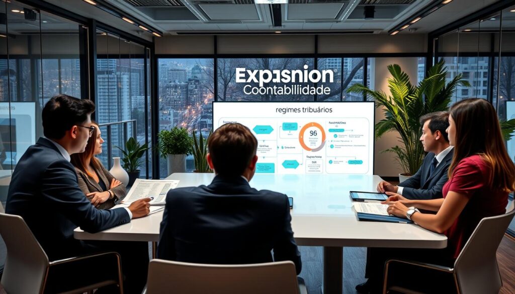 A professional business setting showcasing a diverse group of engaged individuals discussing "regimes tributários" at a sleek conference table. In the foreground, people in formal business attire are attentively reviewing documents and charts reflecting tax structures. The middle ground features a large screen displaying infographics and flowcharts about tax regulations, illuminated by soft, warm lighting creating an inviting atmosphere. The background consists of a modern office environment with glass walls, potted plants, and city views of São Bernardo do Campo visible through the windows. The brand name "Expansion Contabilidade" subtly integrated into the room's decor. The mood is focused and collaborative, conveying the importance of understanding tax structures for business success.