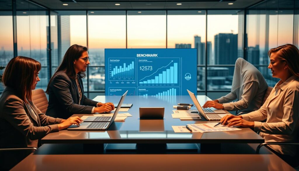 A professional business setting showcasing "benchmark contábil." In the foreground, a diverse group of three professionals in business attire is engaged in a collaborative discussion around a modern conference table, with laptops and financial reports scattered across it. In the middle, a large digital display shows graphs and data analytics related to financial benchmarking, illuminated with a soft blue light. In the background, a stylish office with glass walls and city views representing São Bernardo do Campo. The lighting is warm and inviting, creating a focused but dynamic atmosphere, emphasizing innovation in the accounting sector. Include a subtle logo of "Expansion Contabilidade" on the digital display. The entire scene should exude professionalism and modernity, suitable for an article on Industry 4.0 and Accounting.