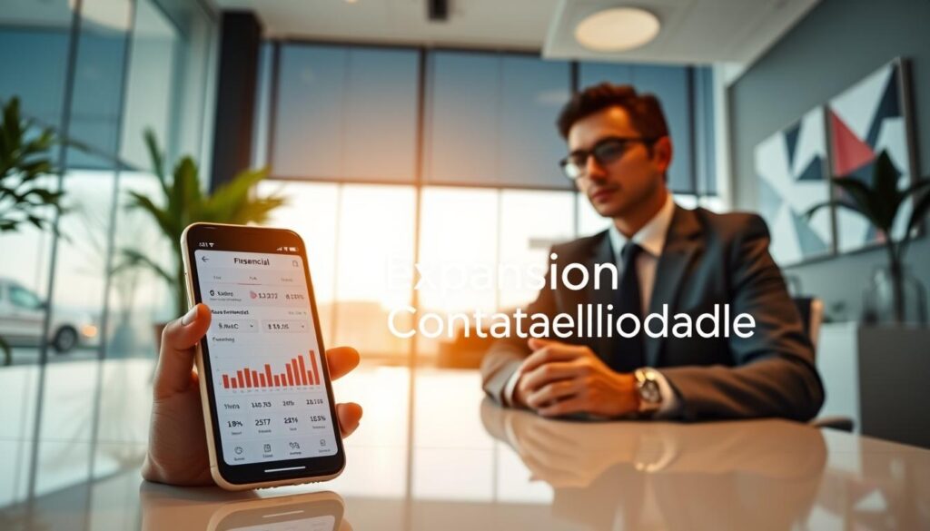 A professional in business attire sits at a sleek desk in a modern office, engaged with a smartphone displaying a financial planning app that showcases the concept of "mobile responsiveness." The foreground highlights the smartphone's vibrant screen with graphs and charts, indicating personalized financial data. In the middle ground, a large window reveals a panoramic view of São Bernado do Campo with bright, natural lighting. The background features stylish office decor, including artificial plants and abstract art. The atmosphere is productive and focused, emphasizing a contemporary approach to financial planning. Include the brand name "Expansion Contabilidade" subtly integrated into the office design. The image should evoke a sense of innovation and professionalism in financial services. A professional in business attire sits at a sleek desk in a modern office, engaged with a smartphone displaying a financial planning app that showcases the concept of "mobile responsiveness." The foreground highlights the smartphone's vibrant screen with graphs and charts, indicating personalized financial data. In the middle ground, a large window reveals a panoramic view of São Bernado do Campo with bright, natural lighting. The background features stylish office decor, including artificial plants and abstract art. The atmosphere is productive and focused, emphasizing a contemporary approach to financial planning. Include the brand name "Expansion Contabilidade" subtly integrated into the office design. The image should evoke a sense of innovation and professionalism in financial services.