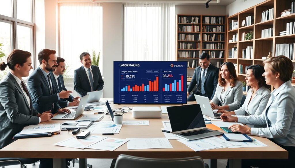 A professional office environment depicting the concept of "benchmarking contábil." In the foreground, a diverse group of business professionals in smart business attire is engaged in an animated discussion around a large table littered with charts, graphs, and laptops, illustrating data analysis and financial metrics. The middle ground features a digital screen displaying a dynamic KPI dashboard related to labor costs and efficiency metrics, with a logo for "Expansion Contabilidade" prominently featured. In the background, tasteful decor, bookshelves filled with reference materials, and soft natural light streaming through large windows create an atmosphere of productivity and collaboration. The overall mood is focused and optimistic, emphasizing learning from market standards to optimize labor costs.