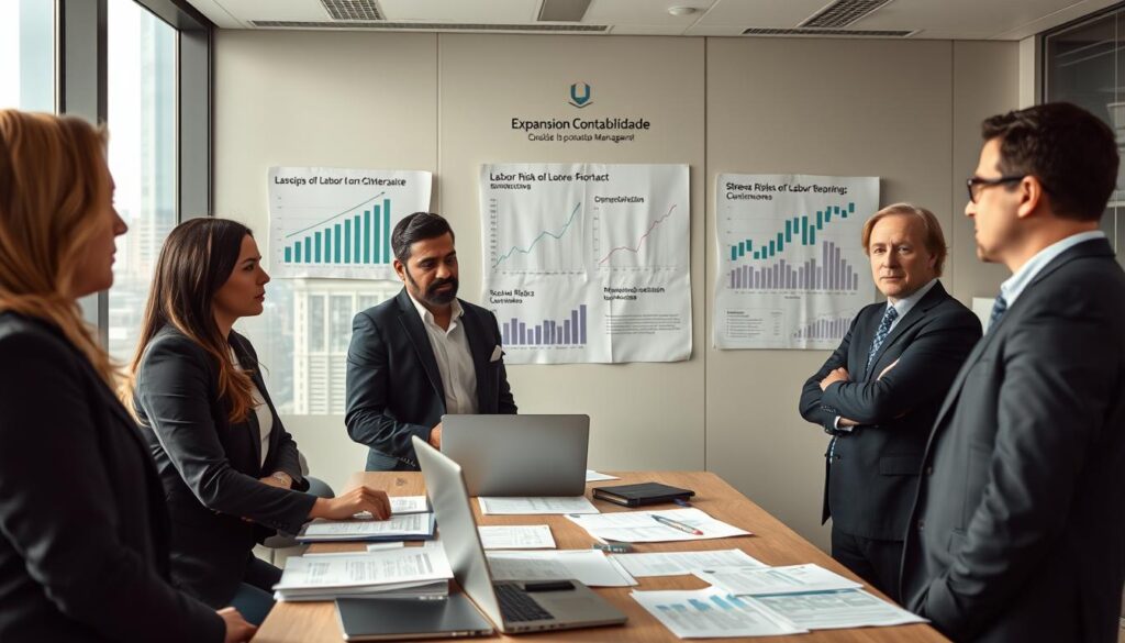 A professional office environment depicting the risks of outsourcing in contract management. In the foreground, a diverse group of business professionals dressed in formal attire, engaged in a discussion around a table filled with documents and a laptop, showing expressions of concern and focus. In the middle, charts and graphs are displayed on the walls illustrating stress points of labor risks associated with outsourcing. In the background, a modern office skyline visible through large windows, with soft natural lighting creating a serious yet contemplative mood. The brand name "Expansion Contabilidade" subtly integrated into the scene, perhaps on the documents. Use a wide-angle lens to capture the depth of the space and the interaction among the professionals.