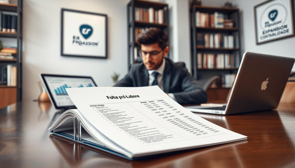 A professional office environment featuring a "Folha Pró-Labore" document prominently displayed on a polished wooden desk. In the foreground, the document is adorned with clear, bold headings and neatly organized financial data, suggesting meticulous attention to detail. To the side, a sleek laptop with charts and graphs open, illustrating salary structures. In the middle, a business professional in formal attire, a focused expression while reviewing the document, embodies expertise in accounting practices related to employee compensation. The background shows a modern office setting with bookshelves filled with accounting literature, and a stylish framed logo of "Expansion Contabilidade" on the wall. Soft, natural lighting filters through a large window, creating an inviting and professional atmosphere suitable for serious financial discussions.