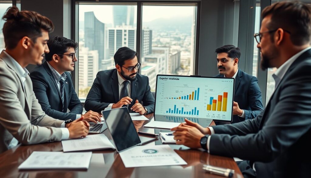 A professional office environment showcasing a diverse group of business professionals in formal attire, engaged in a vibrant discussion about market analysis and competitive benchmarking for businesses in the ABC Paulista region. In the foreground, a stylish conference table with documents, laptops, and charts displaying growth metrics. The middle ground features three individuals of different ethnicities—two men and one woman—analyzing data on a screen, their expressions focused and collaborative. In the background, large windows provide natural light, overlooking the bustling cityscape of São Bernardo do Campo. The atmosphere is professional yet dynamic, highlighting the importance of strategic planning in business growth. Incorporate subtle references to "Expansion Contabilidade" through visual elements such as a logo on a document.