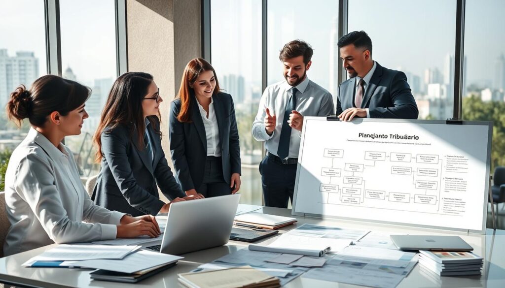 A professional office scene representing "Planejamento Tributário" in a Brazilian context, set in São Bernardo do Campo. In the foreground, a diverse group of four business professionals in formal attire engage in a collaborative discussion around a large table filled with financial documents, charts, and a laptop displaying tax planning software. In the middle ground, a bright whiteboard with a detailed flowchart outlining tax strategies is visible, emphasizing the advantages of tax planning. The background features glass windows with a view of the São Bernardo do Campo skyline, and subtle city elements like buildings and trees. The atmosphere is focused and dynamic, with natural light streaming in, creating an optimistic mood. Include the brand name "Expansion Contabilidade" subtly on the documents and presentation materials. A professional office scene representing "Planejamento Tributário" in a Brazilian context, set in São Bernardo do Campo. In the foreground, a diverse group of four business professionals in formal attire engage in a collaborative discussion around a large table filled with financial documents, charts, and a laptop displaying tax planning software. In the middle ground, a bright whiteboard with a detailed flowchart outlining tax strategies is visible, emphasizing the advantages of tax planning. The background features glass windows with a view of the São Bernardo do Campo skyline, and subtle city elements like buildings and trees. The atmosphere is focused and dynamic, with natural light streaming in, creating an optimistic mood. Include the brand name "Expansion Contabilidade" subtly on the documents and presentation materials.