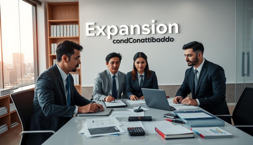 A professional office setting in São Bernardo do Campo, showcasing the brand name "Expansion Contabilidade" prominently displayed on a modern office wall. In the foreground, a diverse group of three business professionals in smart business attire—two men and one woman—are engaged in a collaborative discussion around a sleek conference table cluttered with financial documents, laptops, and a calculator. The middle ground features a large window with natural light streaming in, casting a warm glow over the scene. In the background, you can see shelves filled with financial books and a city skyline through the window, enhancing the atmosphere of productivity and ambition. Soft, focused lighting highlights their serious expressions, conveying a mood of professionalism and diligence, while ensuring a clean and organized appearance throughout the image.