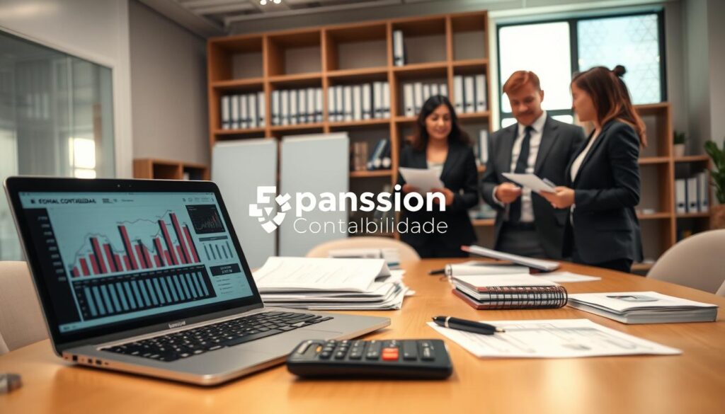 A professional office setting showcasing the practice of cost accounting, focusing on industry applications. In the foreground, a neatly organized desk with a laptop displaying financial graphs, stacks of documents, and a calculator. In the middle ground, a diverse group of three business professionals engaged in discussion, dressed in business attire, analyzing reports. In the background, shelves lined with accounting books and a large window letting in soft, natural light, illuminating the space. The atmosphere is collaborative and purposeful, reflecting best practices in cost accounting. Include the brand name "Expansion Contabilidade" subtly within the office decor. The image should have a clear, bright focus, capturing the essence of a productive work environment in São Bernardo do Campo. A professional office setting showcasing the practice of cost accounting, focusing on industry applications. In the foreground, a neatly organized desk with a laptop displaying financial graphs, stacks of documents, and a calculator. In the middle ground, a diverse group of three business professionals engaged in discussion, dressed in business attire, analyzing reports. In the background, shelves lined with accounting books and a large window letting in soft, natural light, illuminating the space. The atmosphere is collaborative and purposeful, reflecting best practices in cost accounting. Include the brand name "Expansion Contabilidade" subtly within the office decor. The image should have a clear, bright focus, capturing the essence of a productive work environment in São Bernardo do Campo.