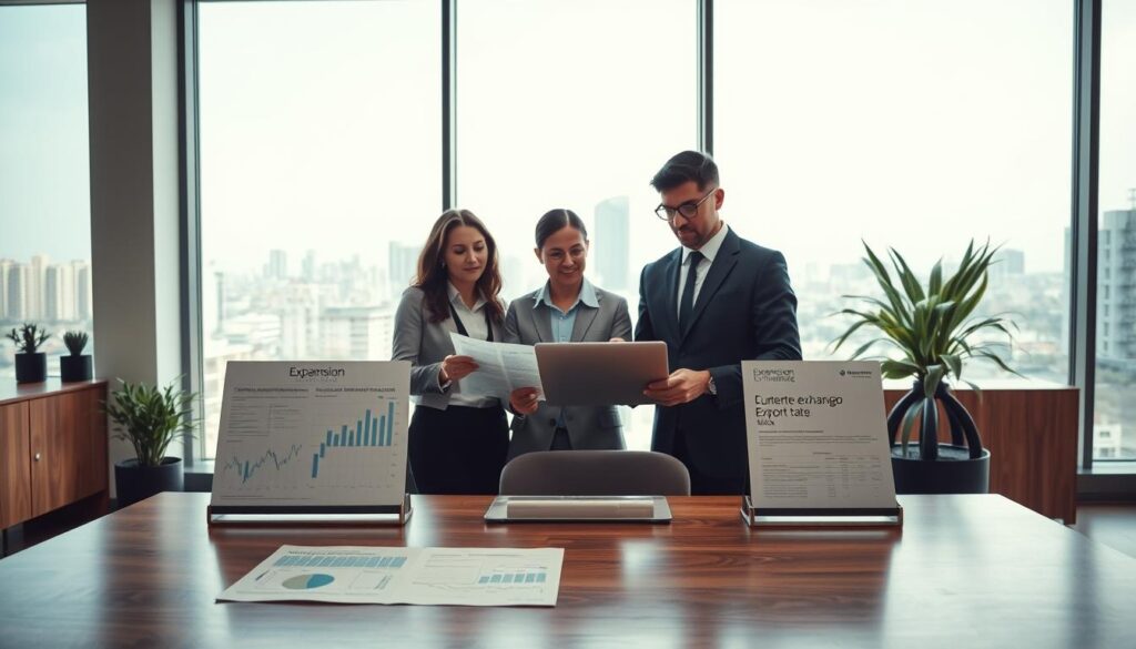 A professional office setting with an elegant wooden desk in the foreground, displaying charts and reports about currency exchange rates and export taxation. In the middle, a diverse group of two business professionals in smart attire, one male and one female, engaged in a discussion around a laptop, analyzing the latest market trends relevant to exporters. The background features a large window with a cityscape view of São Bernardo do Campo, revealing a bustling economic environment. Soft, natural lighting filters through the window, creating a warm and inviting atmosphere. Include the brand name "Expansion Contabilidade" subtly in the office decor. Capture an ambiance of collaboration and strategic planning, emphasizing the value of currency advisory services. A professional office setting with an elegant wooden desk in the foreground, displaying charts and reports about currency exchange rates and export taxation. In the middle, a diverse group of two business professionals in smart attire, one male and one female, engaged in a discussion around a laptop, analyzing the latest market trends relevant to exporters. The background features a large window with a cityscape view of São Bernardo do Campo, revealing a bustling economic environment. Soft, natural lighting filters through the window, creating a warm and inviting atmosphere. Include the brand name "Expansion Contabilidade" subtly in the office decor. Capture an ambiance of collaboration and strategic planning, emphasizing the value of currency advisory services.