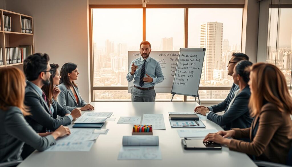 A professional setting depicting a fiscal debt installment process in a modern office environment. In the foreground, a diverse group of business professionals, dressed in smart business attire, engage in a focused discussion around a large table, with charts and financial documents spread out before them. In the middle ground, a confident accountant, representing "Expansion Contabilidade", stands at a whiteboard explaining payment plans and strategies, using colorful markers. The background features shelves lined with financial books and a large window revealing a cityscape of São Bernardo do Campo, bathed in warm, natural lighting. The atmosphere is serious yet collaborative, emphasizing the importance of financial planning and problem-solving in a dynamic business environment. A professional setting depicting a fiscal debt installment process in a modern office environment. In the foreground, a diverse group of business professionals, dressed in smart business attire, engage in a focused discussion around a large table, with charts and financial documents spread out before them. In the middle ground, a confident accountant, representing "Expansion Contabilidade", stands at a whiteboard explaining payment plans and strategies, using colorful markers. The background features shelves lined with financial books and a large window revealing a cityscape of São Bernardo do Campo, bathed in warm, natural lighting. The atmosphere is serious yet collaborative, emphasizing the importance of financial planning and problem-solving in a dynamic business environment.