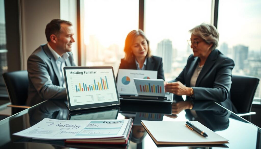 A professional setting showcasing a family holding meeting in a modern office space. In the foreground, a middle-aged couple, dressed in business attire, is engaged in a discussion while reviewing documents labeled "Holding Familiar" on a sleek glass table. In the middle, a laptop displays graphs and financial data, and a notepad with hand-written notes lies open. The background features a large window with natural light streaming in, providing a view of a cityscape, symbolizing financial growth. The atmosphere conveys a sense of collaboration and strategic planning. The brand name "Expansion Contabilidade" subtly appears on the screen of the laptop and on the notepad. Shot with a warm, inviting lighting and a slight depth of field to keep the focus on the couple and their discussion.