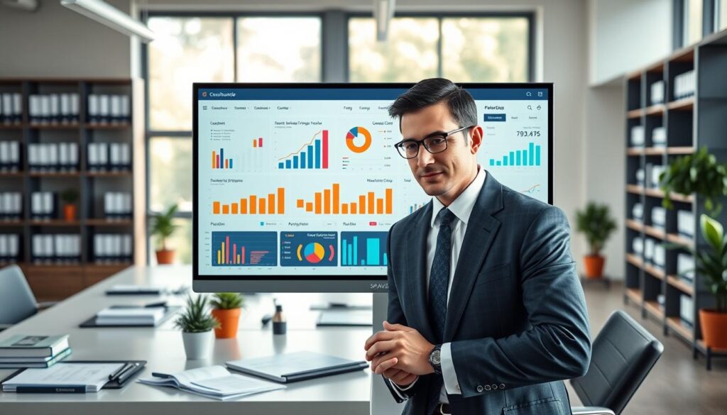 A sleek and modern financial dashboard displayed on a large desktop screen in a well-lit office. The dashboard showcases various financial indicators like graphs, pie charts, and trend lines in vibrant colors, emphasizing data visibility. In the foreground, a professional businessperson wearing smart attire is analyzing the dashboard, their expression focused and engaged. The middle layer features a contemporary office setup with neat desks, potted plants, and financial reports scattered around. In the background, blurred shelves filled with accounting books and client files indicate a thriving business environment. The overall mood is productive and optimistic, with natural light streaming through large windows, creating a warm and inviting atmosphere. Include the logo of "Expansion Contabilidade" subtly on the dashboard to emphasize professionalism.