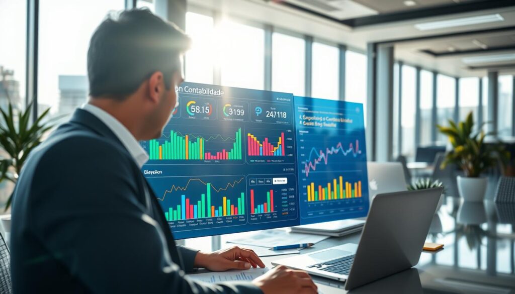 A sleek, modern financial dashboard scene showcasing "Expansion Contabilidade." In the foreground, a high-resolution interactive display features colorful graphs, charts, and key performance indicators, vividly depicting financial data. The middle ground includes a well-dressed professional, male or female, focused on the screen, surrounded by financial documents and a laptop. In the background, a contemporary office environment with large windows reveals a bright sunny day in São Bernardo do Campo, creating an uplifting atmosphere. Soft lighting highlights the dashboard's vibrant colors, while a slight lens blur emphasizes the professional's engagement with the data. The overall mood exudes professionalism, clarity, and the importance of real-time financial insight for business owners.