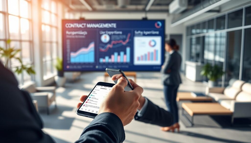 A sleek, modern office environment illustrating mobile responsiveness in contract management. In the foreground, a professional wearing business attire interacts with a smartphone, showcasing a user-friendly interface displaying contracts. In the middle ground, a large digital display presents graphs and analytics related to user experience, hinting at data-driven insights. The background features a contemporary office space with stylish furniture and large windows, allowing natural light to flood in, creating a bright and inviting atmosphere. Soft shadows enhance the visual depth, while a slight bokeh effect further focuses on the smartphone and the professional. The mood conveys a sense of innovation and efficiency, aligning with the theme of "Expansion Contabilidade".