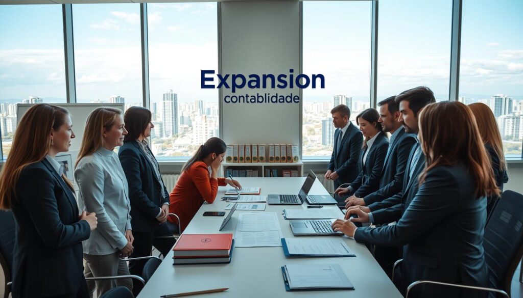 A sleek modern office space in São Bernardo do Campo, Brazil, showcasing the theme of accounting. The foreground features a diverse group of professionals, all dressed in formal business attire, engaged in discussions around a large conference table with financial documents and laptops. The middle ground includes shelves filled with accounting books and certificates, symbolizing expertise and trust. In the background, large windows reveal a vibrant cityscape with buildings of São Bernardo do Campo under clear blue skies, providing a sense of place. The lighting is bright and inviting, emphasizing a productive atmosphere. The company branding "Expansion Contabilidade" is subtly integrated into a wall display, enhancing the professional environment without distraction. The mood is optimistic and focused, reflecting the advantages of accounting services in the ABC region.