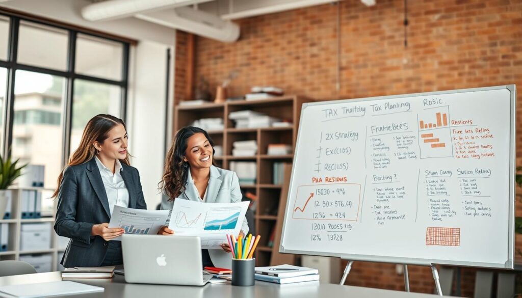 A vibrant office scene depicting a team of professionals engaged in tax planning strategies for wholesalers. In the foreground, two businesspeople in professional attire are discussing financial documents with laptops open, showcasing charts and graphs. The middle ground features a whiteboard filled with colorful markers outlining tax strategies and cost reduction plans. The background shows shelves with accounting books and a large window allowing natural light to flood the room, creating a bright, focused atmosphere. The overall mood is collaborative and strategic. The brand name "Expansion Contabilidade" is subtly incorporated into the design of the office, ensuring it complements the scene without overwhelming. Use a wide-angle lens to capture the entire setting with soft focus on the background, ensuring clarity on the subjects and their documents. A vibrant office scene depicting a team of professionals engaged in tax planning strategies for wholesalers. In the foreground, two businesspeople in professional attire are discussing financial documents with laptops open, showcasing charts and graphs. The middle ground features a whiteboard filled with colorful markers outlining tax strategies and cost reduction plans. The background shows shelves with accounting books and a large window allowing natural light to flood the room, creating a bright, focused atmosphere. The overall mood is collaborative and strategic. The brand name "Expansion Contabilidade" is subtly incorporated into the design of the office, ensuring it complements the scene without overwhelming. Use a wide-angle lens to capture the entire setting with soft focus on the background, ensuring clarity on the subjects and their documents.