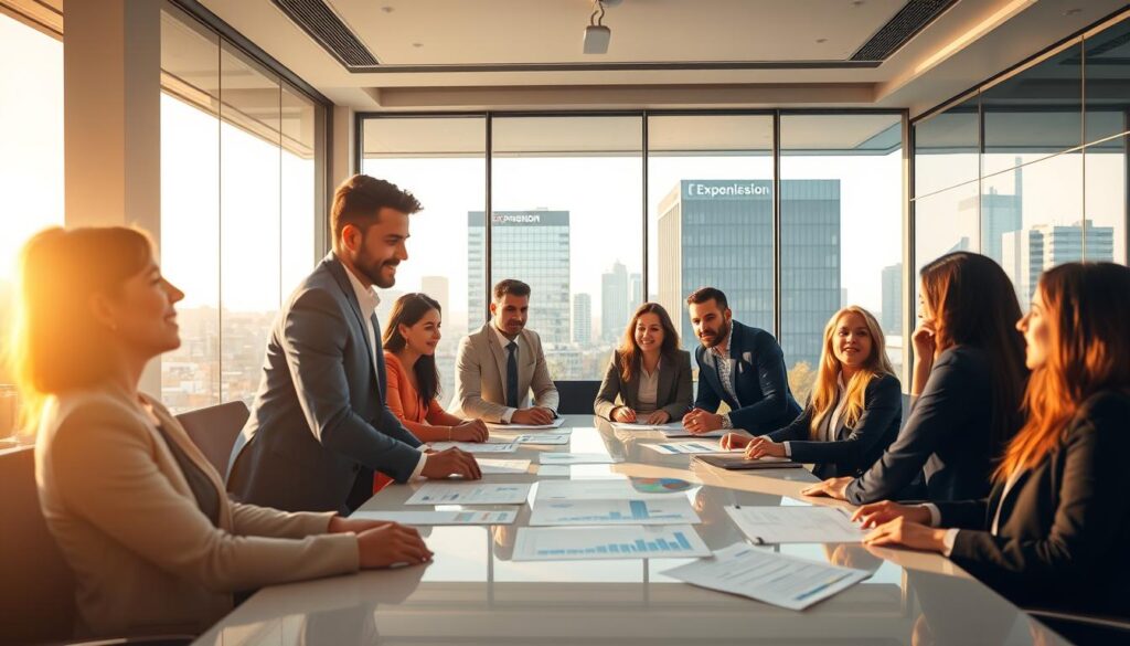 A vibrant office scene representing "Contabilidade em São Bernardo do Campo," showcasing the theme "Vantagens da Contabilidade no ABC." In the foreground, a diverse group of professionals in business attire collaborates around a sleek conference table filled with charts and financial documents, embodying teamwork and expertise. In the middle ground, a well-designed office with large windows offers a view of São Bernardo do Campo’s skyline, illuminated by warm sunlight, creating an inviting atmosphere. The background features a recognizably modern office building with the brand name "Expansion Contabilidade" prominently displayed. The mood is optimistic and professional, with soft lighting highlighting the engaged expressions of the individuals. Capture this scene from a slightly elevated angle to emphasize the collaborative spirit and the bustling environment.