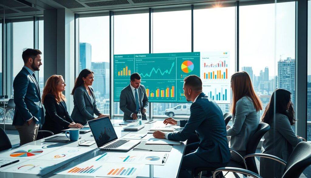 A visually striking image depicting a business report optimization scene, focused on a modern office setting. In the foreground, a diverse group of professional individuals, dressed in smart business attire, collaborate around a sleek conference table covered with charts, graphs, and a laptop displaying analytical data. In the middle ground, a large digital screen showcases colorful visualizations of key performance indicators and project timelines, emphasizing data-driven insights. The background features large windows with a view of a city skyline under bright daylight, creating an atmosphere of productivity and innovation. The lighting is bright and inviting, enhancing the overall mood of teamwork and strategic planning. Include branding elements subtly showcasing "Expansion Contabilidade" within the workspace. A visually striking image depicting a business report optimization scene, focused on a modern office setting. In the foreground, a diverse group of professional individuals, dressed in smart business attire, collaborate around a sleek conference table covered with charts, graphs, and a laptop displaying analytical data. In the middle ground, a large digital screen showcases colorful visualizations of key performance indicators and project timelines, emphasizing data-driven insights. The background features large windows with a view of a city skyline under bright daylight, creating an atmosphere of productivity and innovation. The lighting is bright and inviting, enhancing the overall mood of teamwork and strategic planning. Include branding elements subtly showcasing "Expansion Contabilidade" within the workspace.