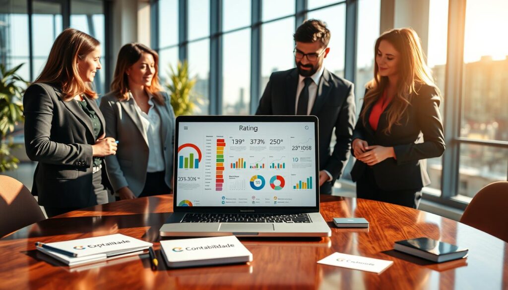 A visually striking image representing the concept of "rating" in a financial context. In the foreground, a diverse group of three professionals in smart business attire engaged in a discussion, examining a colorful infographic with rating scales and graphs that signify creditworthiness. In the middle, a glossy wooden table with an open laptop displaying metrics and charts related to financial ratings. The background features an office setting with large windows allowing natural light to flood in, creating an inviting and energetic atmosphere. Soft shadows and warm lighting enhance the professionalism of the scene. Include subtle branding elements, like the logo of "Expansion Contabilidade" on a notepad and business cards scattered on the table, emphasizing the connection to accounting and its relevance in securing credit.
