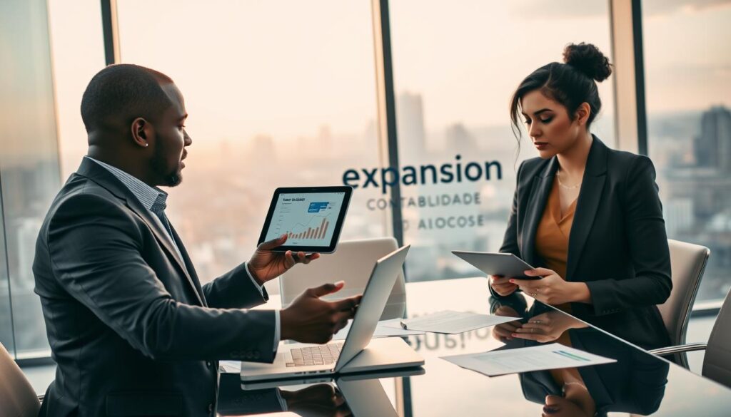 In a modern office conference room, two diverse business partners engage in a discussion about their partnership, reflecting on aspects of "troca sócios." In the foreground, a Black man in a tailored suit gestures while pointing to a digital tablet, showcasing financial graphs. Beside him, a Hispanic woman in a professional dress listens intently, taking notes. The middle ground features a sleek glass table with a laptop and documents spread out, emphasizing the collaborative environment. The background shows a large window revealing a city skyline bathed in warm afternoon light, adding to the atmosphere of productivity and professionalism. The brand name "Expansion Contabilidade" is subtly included in the décor. The mood is energetic yet serious, highlighting the importance of careful planning in business transitions.