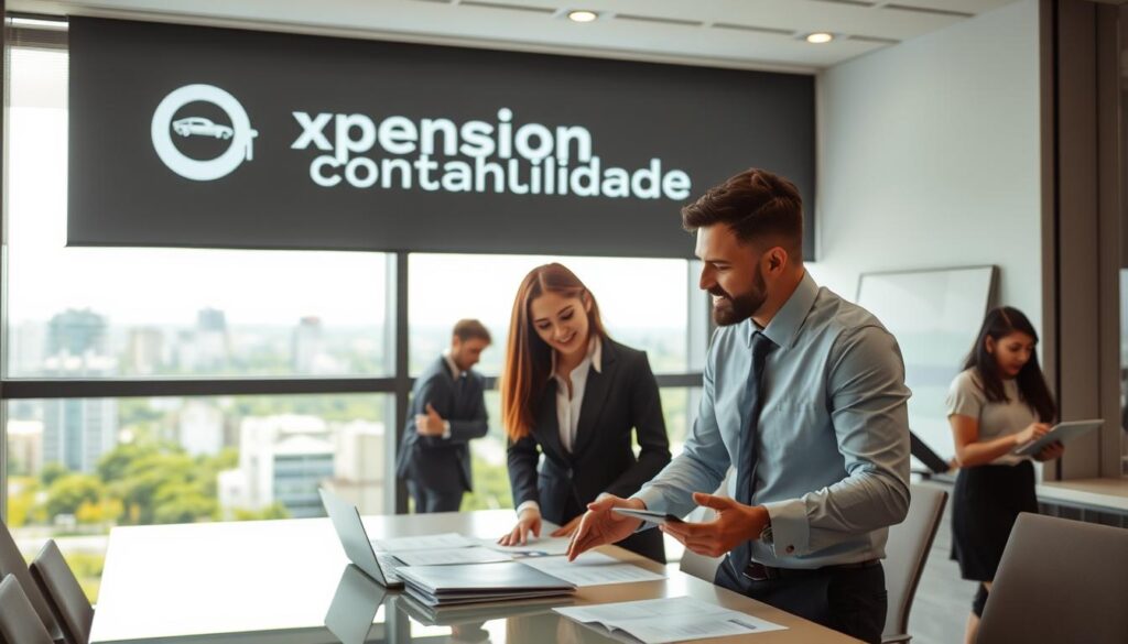 A bustling office scene in São Bernardo do Campo, showcasing a professional environment focused on accounting and contract management. In the foreground, a diverse team of accountants, including a woman in a smart business suit and a man in a neat dress shirt, collaborate around a modern conference table laden with financial documents and laptops. In the middle ground, a large window reveals a vibrant cityscape, with office buildings and green spaces, enhancing the atmosphere of urban professionalism. Soft, natural lighting filters through the glass, creating an inviting ambiance. In the background, a sleek sign displays "Expansion Contabilidade," emphasizing the brand's commitment to excellence in accounting services. The mood is one of focus, dedication, and proactive financial management.