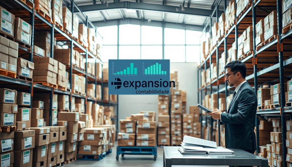 A busy warehouse interior filled with neat and organized shelves stacked with boxes labeled with various inventory items, showcasing efficient inventory management. In the foreground, a professional in business attire stands at a table, examining documents and using a tablet, symbolizing effective stock management practices. The middle ground features a digital screen displaying graphs and fiscal data tracking. The background includes large windows allowing natural light to illuminate the space, creating a bright and productive atmosphere. Subtle colors like blue and green dominate, giving a sense of order and efficiency. The logo of "Expansion Contabilidade" is strategically placed on a nearby wall. Capture the essence of best practices in fiscal stock management for industries in São Bernardo do Campo.