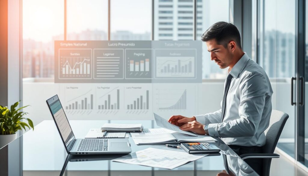 A detailed illustration of the concept "regime tributário SBC" in the context of business accounting. In the foreground, a professional accountant in business attire is analyzing financial documents on a sleek desk with a laptop, calculator, and financial statements scattered around. The middle ground features a transparent glass partition with charts and graphs depicting different tax regimes, like "Simples Nacional" and "Lucro Presumido." In the background, a modern office environment in São Bernardo do Campo, with large windows allowing natural light to flood the space, creating an uplifting atmosphere. The scene is well-lit with soft shadows, enhancing focus on the accountant's diligent work. The brand name "Expansion Contabilidade" is discreetly incorporated into the overall design, maintaining a professional and clean aesthetic.