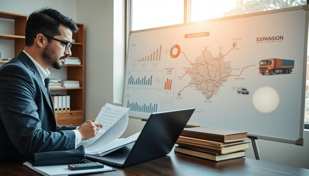 A detailed office scene illustrating efficient freight management in cargo transportation. In the foreground, a professional accountant in business attire is analyzing spreadsheets on a laptop, with a notepad and calculator beside them. The middle ground features a whiteboard displaying graphs and charts related to freight costs and taxation, along with a large map of São Bernardo do Campo, highlighting transportation routes. The background includes shelves with accounting books and a window showing a truck yard, giving a sense of the transport industry. Use bright, natural lighting to create a productive atmosphere. Capture the essence of "Expansion Contabilidade" subtly in the decor. Aim for a dynamic composition that reflects focus, professionalism, and strategic planning in freight management.