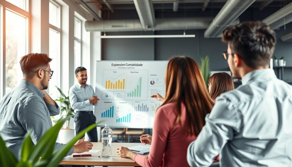 A dynamic office environment showcasing strategic accounting for startups, centered on the theme of growth. In the foreground, a diverse group of professionals in business attire engages in a brainstorming session, reviewing financial charts and growth metrics. In the middle ground, a large whiteboard with diagrams labeled “Expansion Contabilidade” highlights key strategies. A bright, open-plan office with large windows floods the scene with natural light, creating an inviting atmosphere. The background features sleek modern furniture and plants that add a touch of vitality. The overall mood conveys innovation and optimism, emphasizing how effective accounting can drive rapid growth for startups in São Bernardo do Campo.