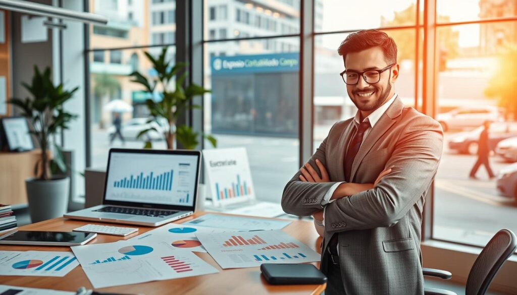 A dynamic office scene illustrating the concept of SEO and online visibility. In the foreground, a confident business professional in smart casual attire is analyzing digital marketing data on a laptop, with graphs and analytics visible on the screen. In the middle ground, a vibrant workspace filled with charts, SEO-related keywords, and a modern desk setup showcasing tools for online optimization. The background features large windows letting in warm, natural light, with a view of the bustling streets of São Bernardo do Campo. The atmosphere conveys a sense of focus and innovation, emphasizing the brand name "Expansion Contabilidade" subtly incorporated into the design elements within the office. Capture this scene from a slightly elevated angle to showcase the entire workspace in a bright, inviting environment.