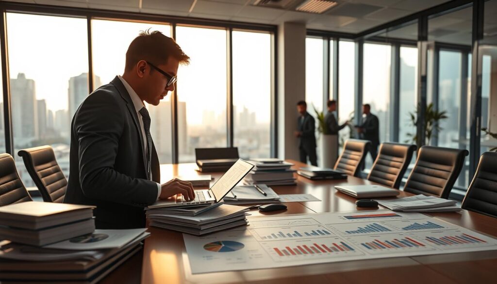 A dynamic office scene showcasing "Expansion Contabilidade" in São Bernardo do Campo. In the foreground, a professional accountant in business attire analyzes financial data on a laptop, surrounded by stacks of financial reports and digital devices. The middle ground features a sleek conference table with charts and graphs illustrating the DRE (Demonstrativo de Resultados do Exercício), reflecting a focus on improving profit margins. In the background, large windows reveal a panoramic view of São Bernardo do Campo's skyline, bathed in warm afternoon light. The atmosphere is one of productivity and collaboration, with a soft focus on the overall hustle of the modern office environment, creating a sense of urgency and innovation in the digital age.