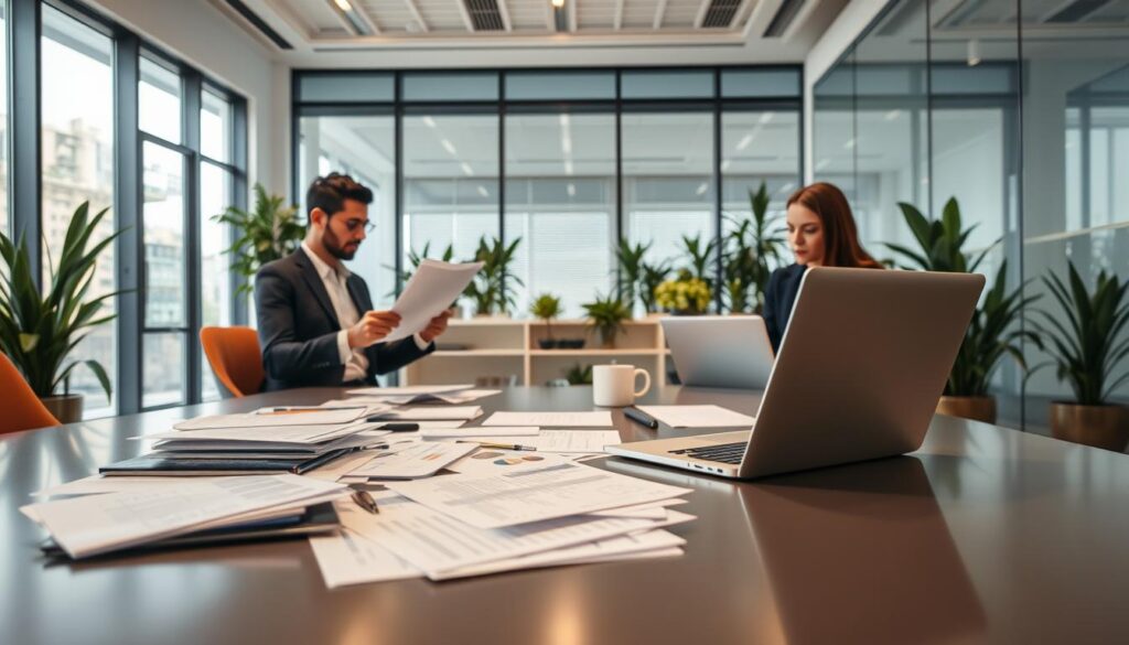 A modern accounting office interior reflecting the essence of "Expansion Contabilidade" in São Bernardo do Campo. In the foreground, a sleek desk cluttered with financial documents and a laptop, representing professionalism. In the middle ground, two business professionals in smart attire - one reviewing documents and the other typing on a laptop, visibly engaged in a discussion about financial planning. The background features large windows allowing natural light to flood the space, with potted plants adding a touch of greenery. The overall atmosphere is collaborative and focused, with warm, inviting lighting that enhances the inviting feel of the office. The setting should communicate competence and trustworthiness, ideal for clients seeking accounting services.