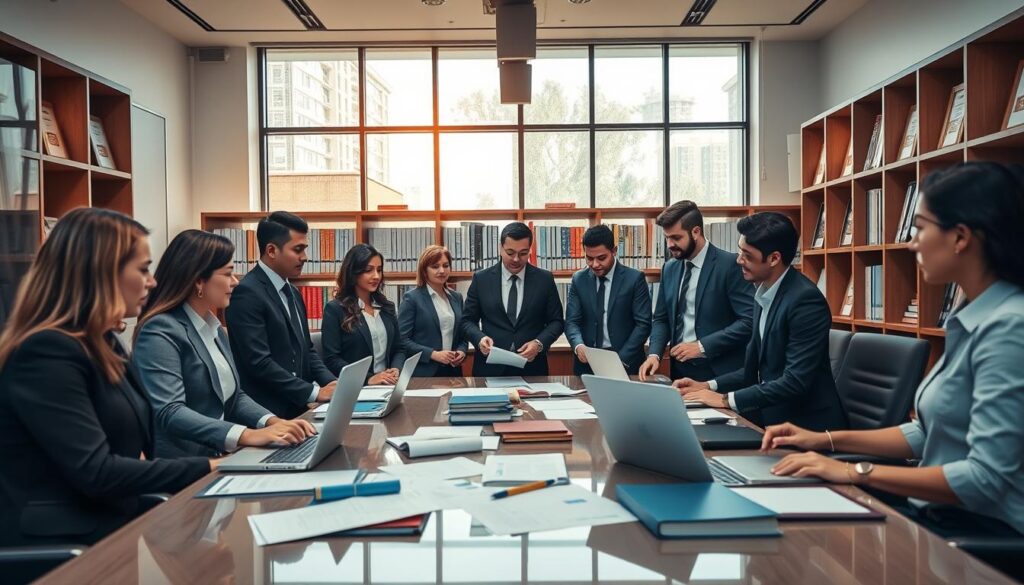 A modern accounting office interior, showcasing professional services and support in São Bernardo do Campo. In the foreground, a diverse team of accountants, dressed in smart business attire, engages in discussions around a conference table filled with financial documents and laptops. The middle of the scene features elegant bookshelves lined with accounting books and certificates, adding credibility. The background reveals large windows allowing soft, natural light to stream in, illuminating the workspace with a warm ambiance. The overall atmosphere is professional yet inviting, embodying the essence of "Expansion Contabilidade." The scene captures a moment of collaboration and expertise, perfect for illustrating specialized accounting services.