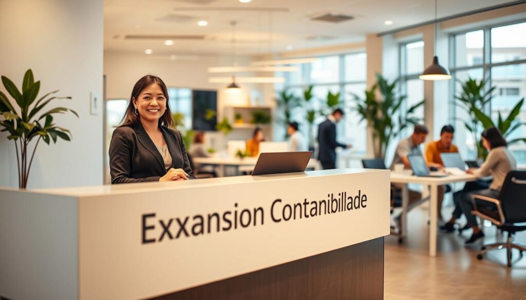 A modern accounting office located in the Assunção neighborhood of São Bernardo do Campo, featuring a bright, welcoming atmosphere. In the foreground, a sleek reception desk with the brand name "Expansion Contabilidade" visible. To the left, a professional woman in modest business attire greeting clients with a warm smile. In the middle ground, open workspaces with employees engaged in conversations and reviewing documents. The backdrop shows large windows allowing natural light to flood the space, adorned with green plants for a fresh ambiance. The overall color palette is soft and inviting, with warm lighting creating a sense of comfort and accessibility. This image captures the essence of professional support close to the community, designed to evoke trust and reliability.