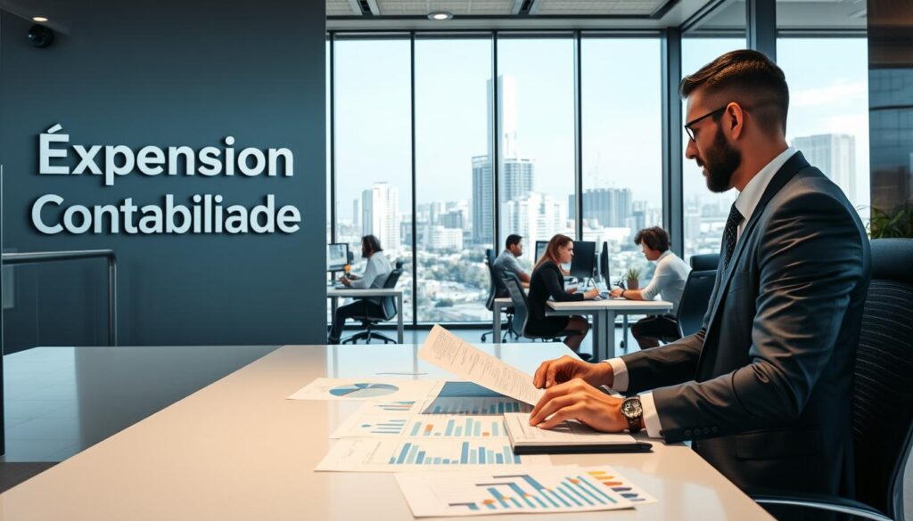A modern accounting office scene in São Bernardo do Campo, showcasing "Expansion Contabilidade" prominently on the office wall. In the foreground, a professional accountant, dressed in business attire, is analyzing financial documents at a sleek desk filled with charts and graphs, representing tax performance. In the middle ground, an open office space with busy professionals collaborating, using computers and discussing strategies for maximizing fiscal performance. The background reveals large windows with a view of São Bernardo do Campo’s urban landscape, letting in ample natural light that creates a bright and inviting atmosphere. The overall mood is focused and productive, emphasizing professionalism and expertise in industrial accounting.