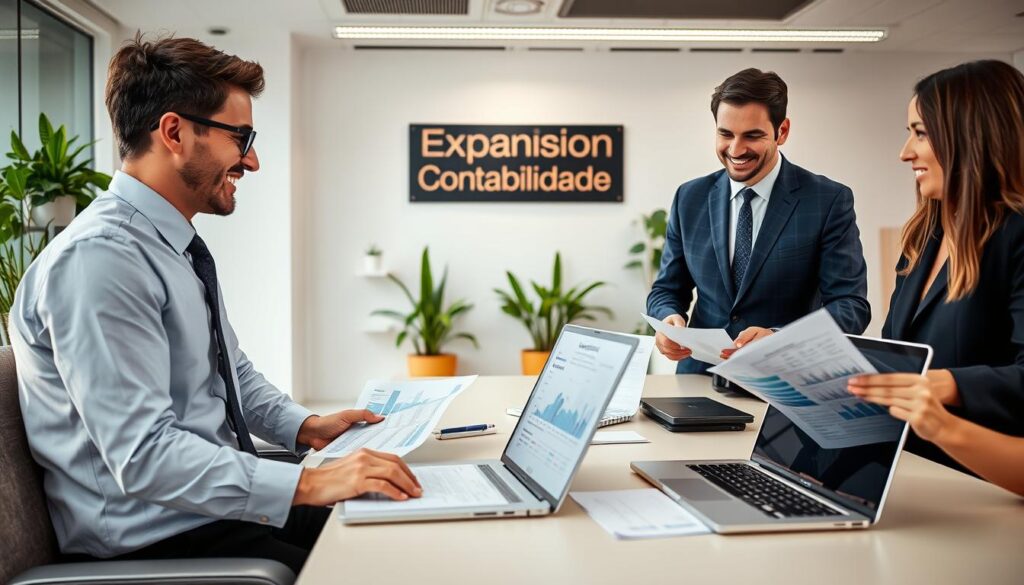 A modern accounting office with a professional atmosphere, showcasing a welcoming reception area. In the foreground, a friendly accountant in smart business attire is engaged in a consultation with a psychologist, both appearing focused and attentive. The psychologist, also in professional attire, is smiling and discussing documents about financial matters related to their practice. In the middle, there are neat desks with financial reports and laptops open, displaying graphs and numbers. The background features a bright, well-lit office space with plants and bookshelves filled with accounting literature. A sign on the wall reads “Expansion Contabilidade” to signify the brand. Soft, natural lighting enhances a productive environment, creating a warm and inviting mood, ideal for professionals seeking accounting services in São Bernardo do Campo.