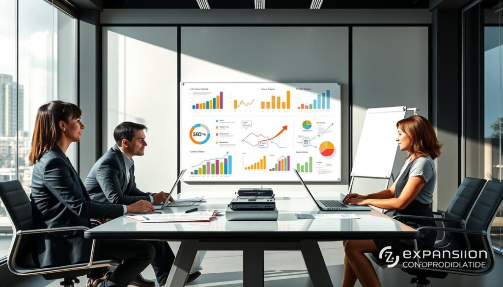 A modern, bright office scene illustrating "Contabilidade para Infoprodutores" in São Bernardo do Campo. In the foreground, a diverse group of three professionals in smart business attire, discussing strategies at a sleek conference table covered with documents, laptops, and charts emphasizing tax and production insights. The middle ground features a whiteboard filled with colorful graphs and arrows, symbolizing SEO and visibility strategies. The background showcases large windows with a view of the city skyline, naturally lit by daylight. The atmosphere is focused and collaborative, highlighting the importance of teamwork in financial planning for infoproducers. Include elements like a logo of "Expansion Contabilidade" subtly displayed in the scene.