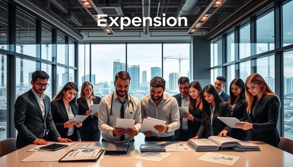 A modern industrial accounting office in São Bernardo do Campo, Brazil, showcasing the brand name "Expansion Contabilidade." In the foreground, a diverse team of professionals in business attire collaborates over financial documents and digital tablets, displaying expressions of focus and determination. The middle section reveals a sleek, contemporary office environment with large windows allowing natural light to flood the space, and industrial-themed decor emphasizing the importance of specialized accounting for industries. The background features cityscape views of São Bernardo do Campo, incorporating elements of industrial architecture. Soft, warm lighting enhances the atmosphere, conveying a sense of professionalism and expertise, while a wide-angle perspective captures the dynamic ambiance of the workplace.