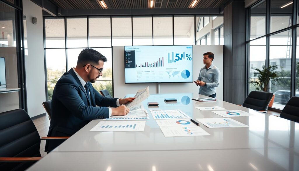 A modern office environment depicting a valuation meeting for the fictional company "Expansion Contabilidade" in São Bernardo do Campo. In the foreground, a professional consultant in business attire analyzes financial documents and charts on a sleek conference table, showcasing graphs and metrics related to company valuation. In the middle, a large screen displays visual data and analytics, while another consultant, dressed in modest casual clothing, takes notes attentively. The background features a contemporary architectural design, with large windows allowing natural light to filter in, creating an inviting atmosphere. The mood is focused and professional, emphasizing the importance of avoiding common valuation errors. The image should be well-lit, captured from a slightly elevated angle to give an organized overview of the scene.