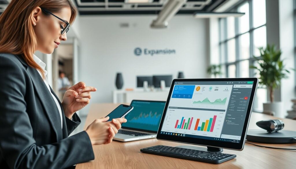 A modern office environment depicting the concept of mobile responsiveness in accounting services. In the foreground, a professional businesswoman in smart casual attire is working on a smartphone and tablet, analyzing financial data with a focus on user-friendly interfaces. In the middle ground, a sleek desk is filled with digital devices, showcasing a vibrant dashboard displaying graphs and statistics, emphasizing automation. The background features a bright, open office space with large windows letting in natural light, and minimalistic decor that conveys a sense of innovative technology. The mood is professional yet dynamic, highlighting the brand "Expansion Contabilidade" subtly integrated into the workspace without text. Capture this scene from a slightly elevated angle for a clear view of the devices and the workspace atmosphere.