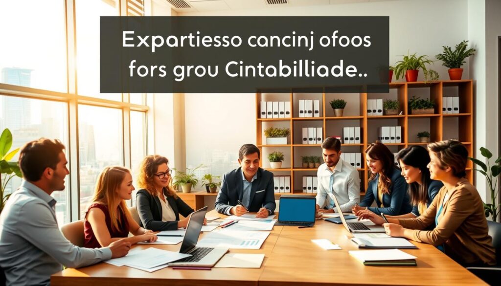 A modern office environment illustrating the benefits of "Expansion Contabilidade" for growing businesses in São Bernardo do Campo. In the foreground, a diverse group of professionals in business attire engages in discussion around a large table covered with financial reports and laptops. The middle ground features a large window with natural light streaming in, revealing a vibrant city skyline. In the background, shelves with accounting books and plants create a welcoming atmosphere. Use a warm color palette to evoke a sense of growth and opportunity. Capture the scene from a slightly elevated angle to convey an engaging perspective, emphasizing collaboration and innovation. The overall mood should be optimistic and professional, reflecting a supportive environment for businesses seeking financial clarity and growth.