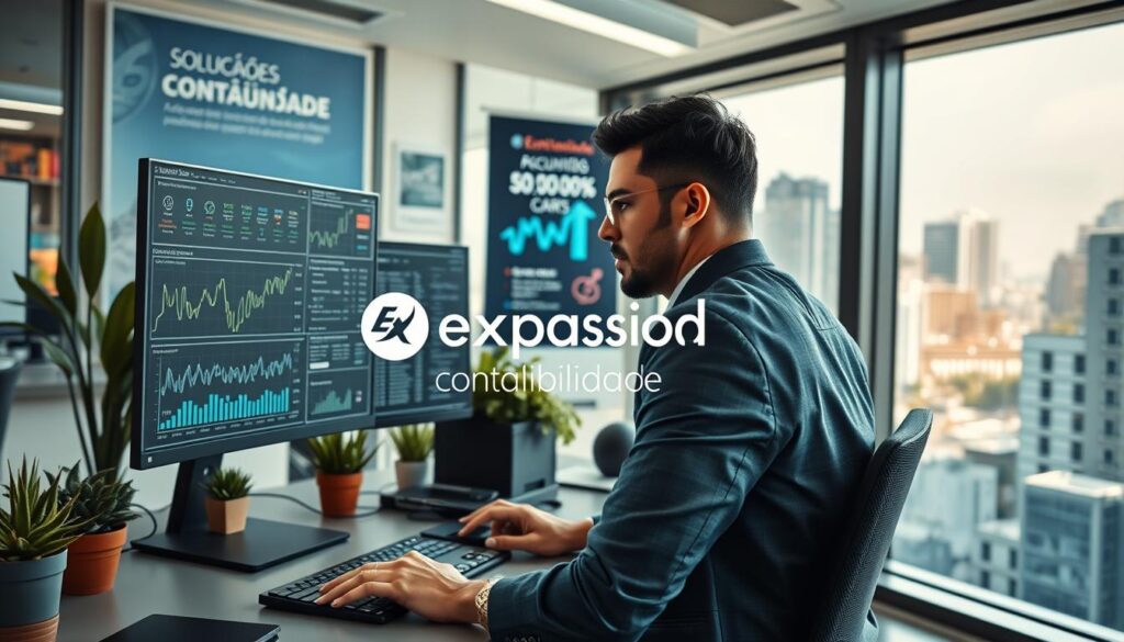 A modern office environment representing "Soluções contábeis digitais," featuring a sleek, high-tech workstation with dual monitors displaying complex financial graphs and digital marketing analytics. In the foreground, a professional wearing business attire is analyzing data, with a look of concentration and determination. The middle layer includes smart office decor, such as potted plants and motivational posters about accounting and digital innovation. In the background, large windows showcase the bustling cityscape of São Bernardo do Campo, illuminated by natural light. The atmosphere is energetic and forward-thinking, emphasizing agility and technology. The brand name "Expansion Contabilidade" subtly integrated into the office design. The lighting is bright and inviting, creating a sense of professionalism and optimism.