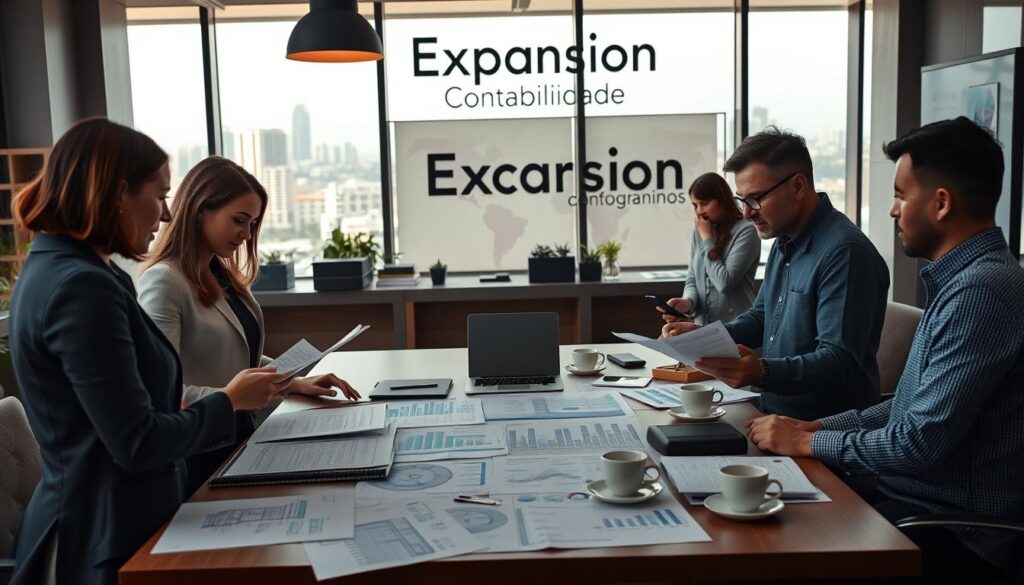 A modern office environment set in São Bernardo do Campo, featuring a team of diverse professionals engaged in logistics and accounting discussions. In the foreground, a businesswoman in professional attire analyzes financial documents, while a businessman examines logistics charts on a laptop. The middle ground showcases a large conference table cluttered with spreadsheets, maps, and coffee cups, emphasizing collaboration. The background features a large window with a view of the city skyline, allowing natural light to fill the room, creating an inspiring atmosphere. The scene evokes a sense of productivity and innovation, highlighting the brand "Expansion Contabilidade" subtly on a wall display. Use a wide-angle lens to capture the depth and detail, with soft, warm lighting to enhance the inviting mood.