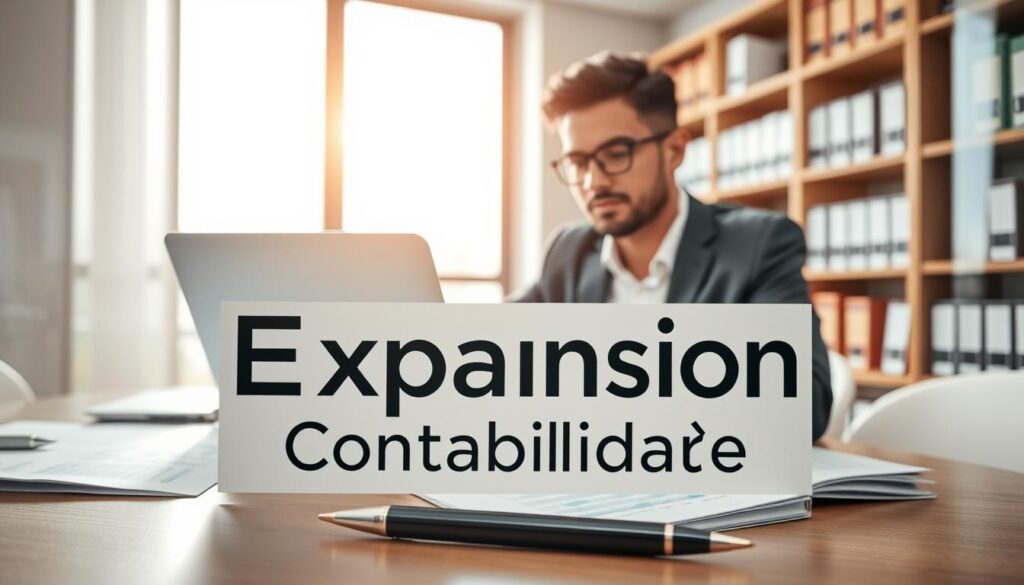 A modern office environment showcasing "Expansion Contabilidade" at the forefront, featuring a confident accountant engaged in a financial analysis. The foreground includes a neatly arranged desk with financial documents, a laptop displaying charts, and a stylish pen. The accountant, dressed in professional business attire, is focused on the screen, reflecting expertise and diligence. In the middle ground, a large window illuminates the space with warm natural light, casting soft shadows. Behind, a bookshelf filled with accounting books and certifications enhances the ambiance of professionalism and trust. The mood is serious yet inviting, emphasizing the importance of auditing and financial protection in São Bernardo do Campo. The scene is captured with a slightly angled perspective, using soft focus to draw attention to the central figure and the brand name prominently displayed on the desk.