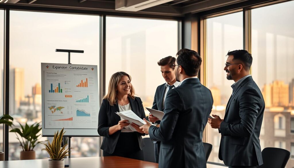 A modern office environment showcasing a diverse group of professionals engaged in a brainstorming session about content creation for investors. In the foreground, a middle-aged woman in business attire discusses strategy, while a young man reviews digital documents on a laptop. The middle ground includes a whiteboard filled with colorful charts and graphs highlighting investment insights. The background shows large windows with a view of São Bernardo do Campo's skyline bathed in warm natural light, creating a productive atmosphere. Include elements such as a logo for "Expansion Contabilidade" subtly displayed in the office space. The mood is focused and collaborative, emphasizing innovation and value in investor communication.
